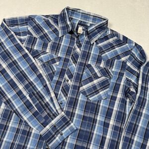 Wrangler Shirt Mens Medium Blue Plaid Western Snap Front Pearl Snap Long Sleeve